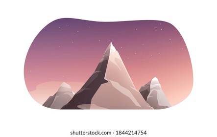 Montañas rocas paisajes establecen composición plana con paisaje nocturno y cielo estrellado con picos montañosos ilustración vectorial