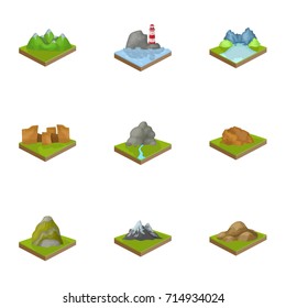 Mountains, rocks, lighthouse, volcano and other land reliefs. Mountains and landscapes set collection icons in cartoon style isometric vector symbol stock illustration web.