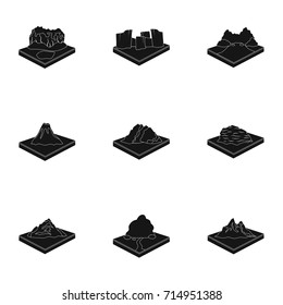Mountains, rocks, lighthouse, volcano and other land reliefs. Mountains and landscapes set collection icons in black style isometric vector symbol stock illustration web.