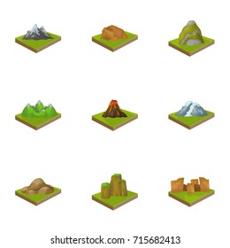 Mountains, rocks, lighthouse, volcano and other land reliefs. Mountains and landscapes set collection icons in cartoon style isometric vector symbol stock illustration web.