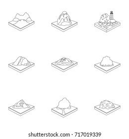 Mountains, rocks, lighthouse, volcano and other land reliefs. Mountains and landscapes set collection icons in outline style isometric vector symbol stock illustration web.