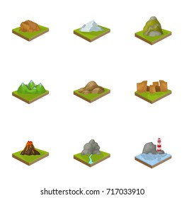 Mountains, rocks, lighthouse, volcano and other land reliefs. Mountains and landscapes set collection icons in cartoon style isometric vector symbol stock illustration web.