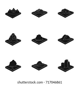Mountains, rocks, lighthouse, volcano and other land reliefs. Mountains and landscapes set collection icons in black style isometric vector symbol stock illustration web.