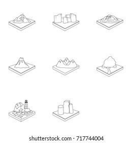 Mountains, rocks, lighthouse, volcano and other land reliefs. Mountains and landscapes set collection icons in outline style isometric vector symbol stock illustration web.