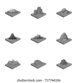 Mountains, rocks, lighthouse, volcano and other land reliefs. Mountains and landscapes set collection icons in monochrome style isometric vector symbol stock illustration web.