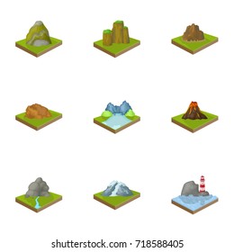 Mountains, rocks, lighthouse, volcano and other land reliefs. Mountains and landscapes set collection icons in cartoon style isometric vector symbol stock illustration web.