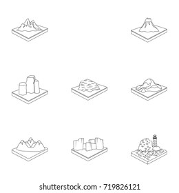 Mountains, rocks, lighthouse, volcano and other land reliefs. Mountains and landscapes set collection icons in outline style isometric vector symbol stock illustration web.
