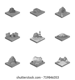 Mountains, rocks, lighthouse, volcano and other land reliefs. Mountains and landscapes set collection icons in monochrome style isometric vector symbol stock illustration web.