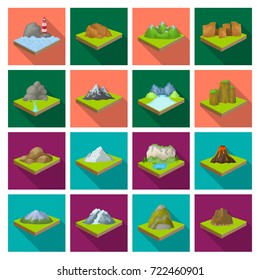 Mountains, rocks, lighthouse, volcano and other land reliefs. Mountains and landscapes set collection icons in flat style isometric vector symbol stock illustration web.