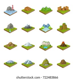 Mountains, rocks, lighthouse, volcano and other land reliefs. Mountains and landscapes set collection icons in cartoon style isometric vector symbol stock illustration web.