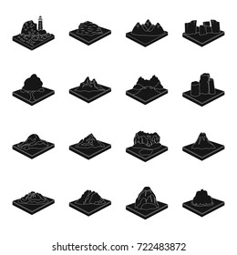 Mountains, rocks, lighthouse, volcano and other land reliefs. Mountains and landscapes set collection icons in black style isometric vector symbol stock illustration web.