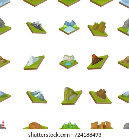 Mountains, rocks, lighthouse, volcano and other land reliefs. Mountains and landscapes set collection icons in cartoon style isometric vector symbol stock illustration web.