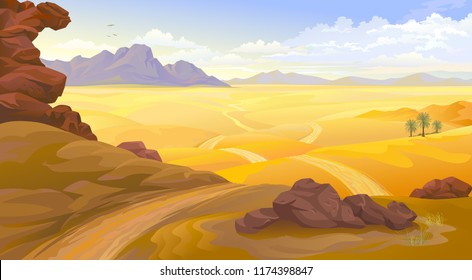 Mountains and rocks on a desert landscape. A road across the empty desert.