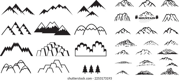 Mountains, rocks and peaks. Mountaineer hiking vector icons set. Tibet or Alps peaks. 
