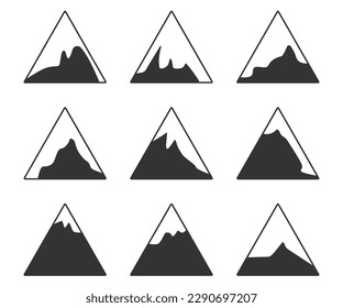 Mountains, rocks and peaks. Vector illustration and logo design elements. Image of mountains with snow-capped peaks