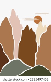 Berge, Felsen, Himmel, Sonne. Stilvolle chinesische Berglandschaft. Berg Avatar. Vorlage im Papierschnitt-Stil. Morgengrauen. Sonnenuntergang. Abstraktes Vektormuster in Erdfarben.