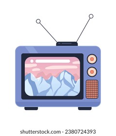 Mountains rocky on 1980s tv 2D cartoon object. Old fashioned retro television program isolated vector item white background. Snow capped peaks. Watching nostalgia show color flat spot illustration