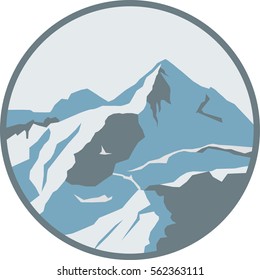 mountains in round frame, vector illustration in gray-blue color