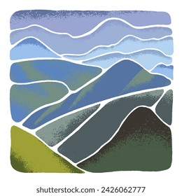 In: Mountains Row Landscape. Stilisierte Szenerie aus grünen Felsen. Gemalte Frühlings-wilde Natur-Ansicht. Minimale abstrakte moderne Kunst, Innendekoration im Boho-Stil. Handzeichnung flache Vektor-Illustration