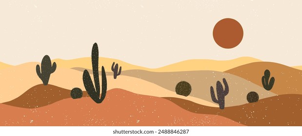 Mountains, sand, desert, sun, hot weather banner flat illustration with cacti, landscape, horizon, ecological, nature