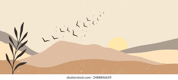 Mountains, sand, desert, sun, hot weather banner flat illustration with birds and plant leaf silhouette, landscape, horizon, ecological, nature