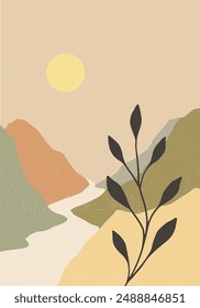 Montañas, arena, desierto, sol, Clima caliente póster ilustración plana con carretera de montaña, y silueta de hoja de planta, paisaje, horizonte, ecológico, naturaleza