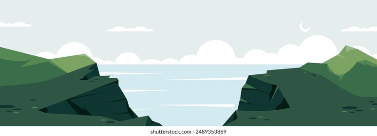 Mountains scenery landscape. Cartoon nature panorama with hills valley and lake, countryside panorama with cliffs over river. Vector illustration