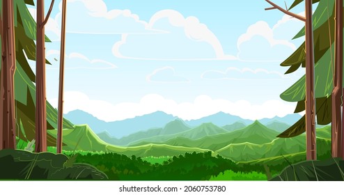 Mountains scorn in the forest away. View from the coniferous forest. Beautiful summer landscape with trees. Green pines and ate. Illustration in cartoon style flat design. Vector.