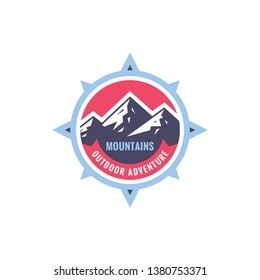 Mountains sdventure outdoors - concept badge. Climbing logo in flat style. Extreme exploration sticker symbol.  Camping & hiking creative vector illustration. Graphic design element.  