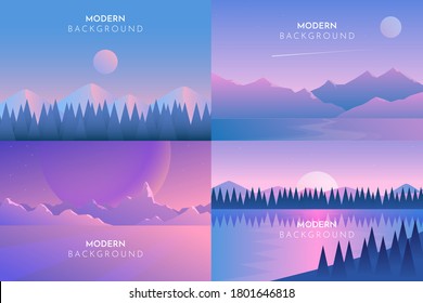 Mountains, Sea, Ocean, Rocks, Desert, Night, Day, Sunset, Vector polygonal landscape. Set with four flat illustrations. Minimalist style graphic design for flyers, banners, background, coupon, voucher