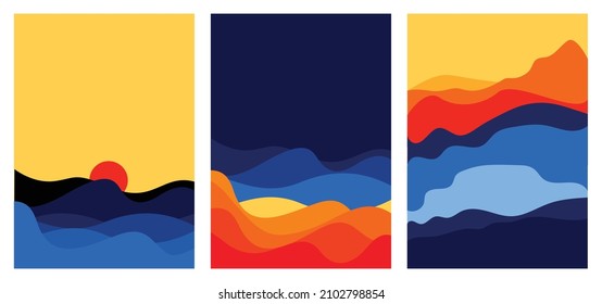 Mountains and sea poster. Abstract geometric landscape banners. Vector geometry scenes with mountains hills sea background design