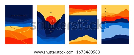 Mountains and sea poster. Abstract geometric landscape banners with minimalist shapes and curved lines. Vector geometry scenes with mountains hills sea for traditional asian background design