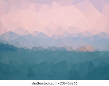 Mountains, sea, sky. Triangle background, vector polygon art, soft colored abstract illustration. Web mobile interface template. Travel corporate website design. Blurred. Landscape. Instagram style. 