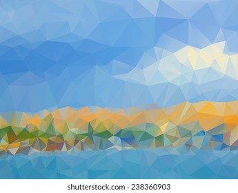 Mountains, sea, sky. Triangle background, vector polygon art, soft colored abstract illustration. Web mobile interface template. Travel corporate website design. Blurred. Landscape. Instagram style.