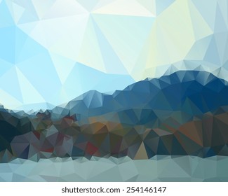 Mountains, sea, sky. Triangle background, vector polygon art, soft colored abstract illustration. Web mobile interface template. Travel corporate website design. Blurred. Landscape. Instagram style.