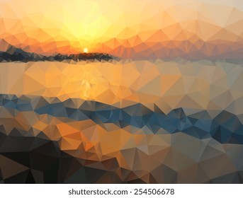 Mountains, sea, sky. Triangle background, vector polygon art, soft colored abstract illustration. Web mobile interface template. Travel corporate website design. Blurred. Landscape. Instagram style.