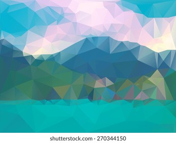 Mountains, sea, sky. Triangle background, vector polygon art, soft colored abstract illustration. Web mobile interface template. Travel corporate website design. Blurred. Landscape. Instagram style. 