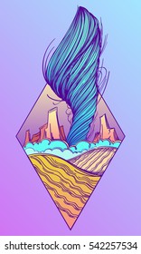 Mountains, sea and storm landscape diamond logo. Post-apocalyptic wilderness. Night landscape in acid colors.