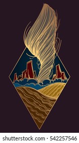 Mountains, sea and storm landscape diamond logo. Post-apocalyptic wilderness. Night landscape in acid colors with a gold outline.