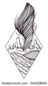 Mountains, sea and storm landscape diamond logo. Post-apocalyptic wilderness. Black and white outline drawing for coloring.