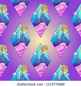 Mountains, sea and storm landscape on diamond logo. Storm on the sea. Night landscape in bright colors. Vector colored illustration isolated on purple background. Diamond logo