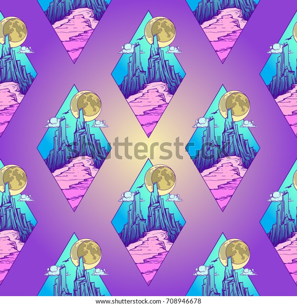 Mountains, sea and storm\
landscape on diamond logo. Storm on the sea. Night landscape in\
bright colors. Vector colored illustration isolated on purple\
background. Diamond\
logo