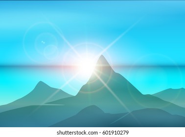 Mountains and sea at sunrise. Island morning landscape. Vector illustration.