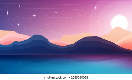 Mountains and sea. Vector illustration of a mountain landscape at night. Night landscape of mountains reflected in the water. Starry sky. Sunset