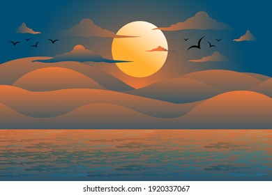 Montañas y mar. Ilustración del paisaje de la isla vectorial. luna llena con pájaro en el cielo nocturno. 