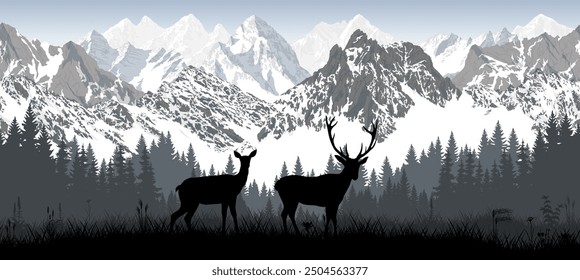 mountains seamless background with deers