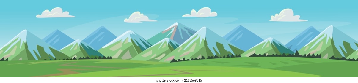 Montañas con un patrón impecable. Paisaje con colinas, prados, cielo azul con nubes blancas.Pancarta vectorial para productos ecológicos.