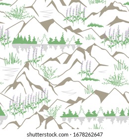 Gebirgsnahtloses Muster mit Silhouetten von Bäumen und Pflanzen. Sommerlandschaft
