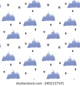 Bergnahtloses Muster für Tourismus und Campingdruck. Blaue Winterlandschaften.