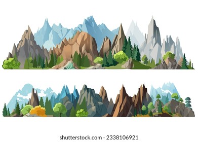 Mountains set. A charming cartoon-style flat design showcasing a set of majestic mountains in vibrant colors. Vector illustration.